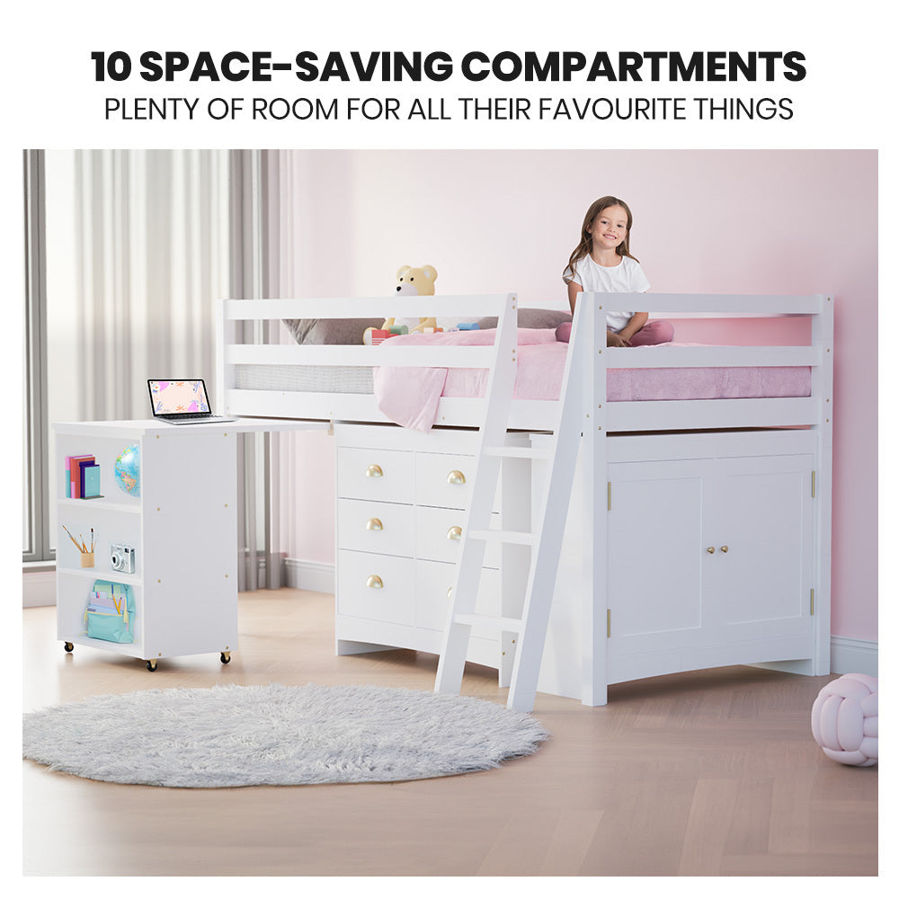 KINGSTON SLUMBER Kids Single Loft Bed Frame | Pull-Out Desk, Storage Drawers & Cabinet | White