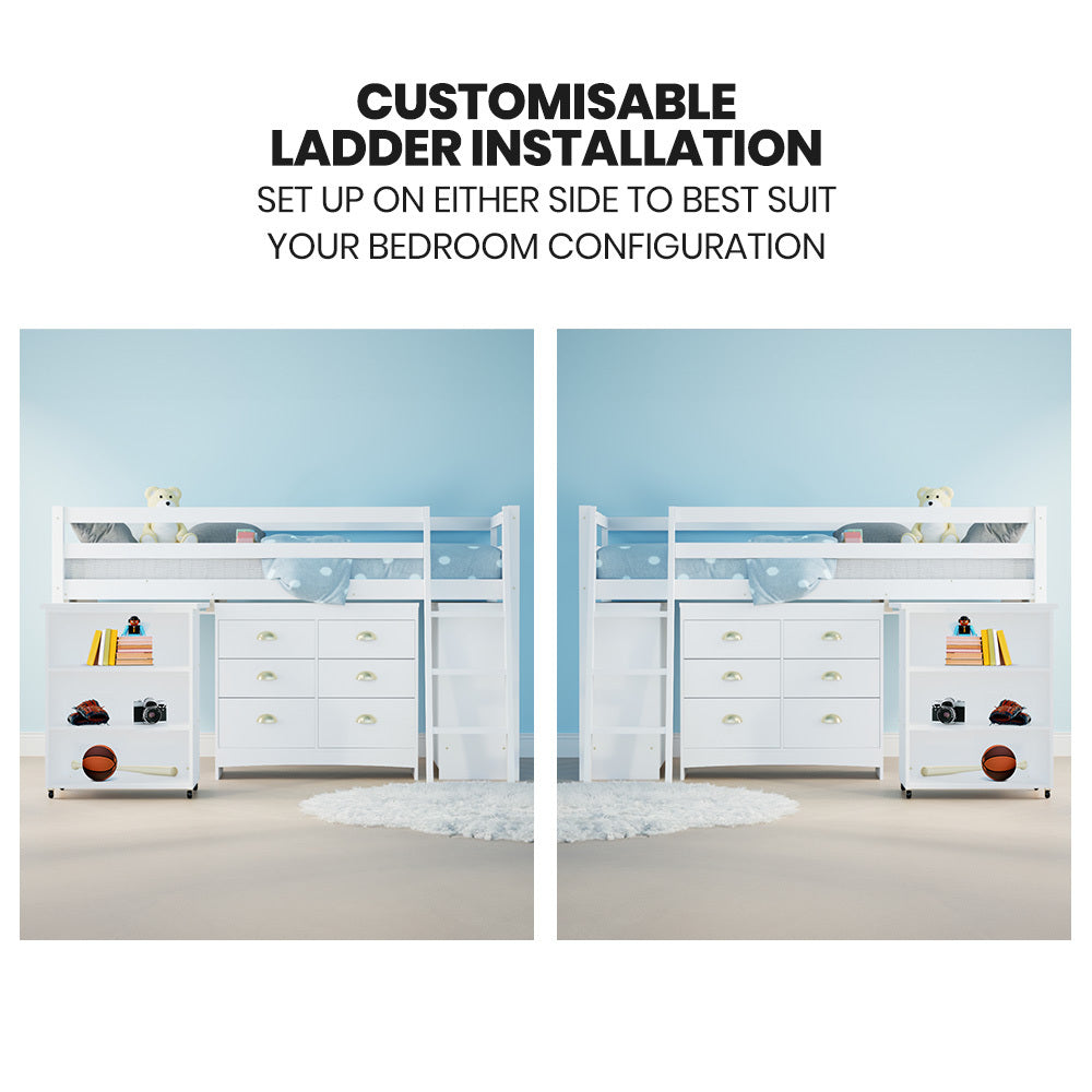 KINGSTON SLUMBER Kids Single Loft Bed Frame | Pull-Out Desk, Storage Drawers & Cabinet | White