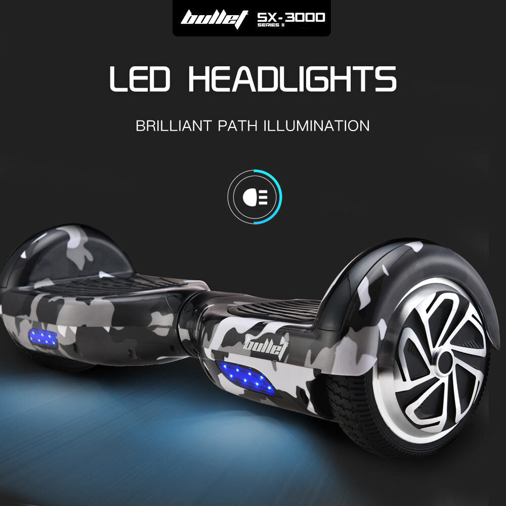 BULLET Electric Hoverboard Scooter | 6.5 Inch Wheels | Colour LED Lighting | Carry Bag | Gen III Camo Grey
