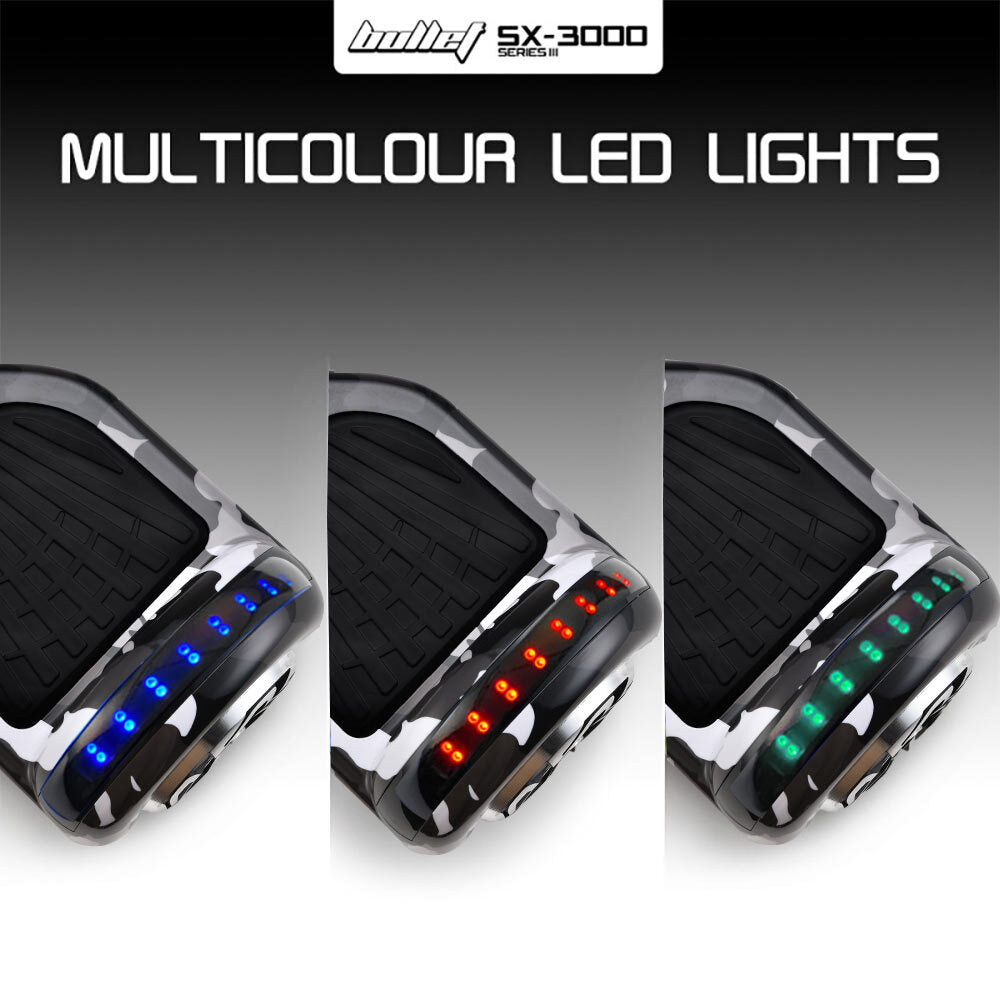 BULLET Electric Hoverboard Scooter | 6.5 Inch Wheels | Colour LED Lighting | Carry Bag | Gen III Camo Grey