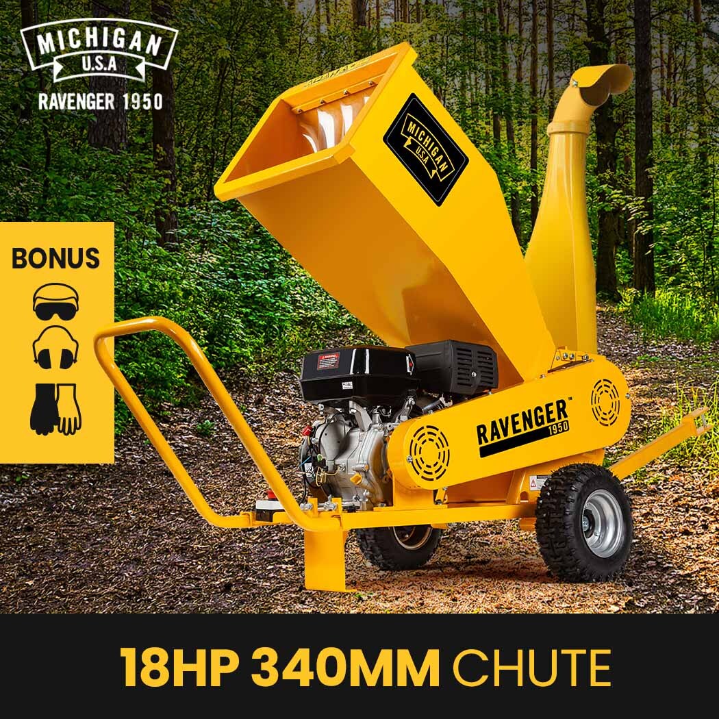 MICHIGAN Petrol Wood Chipper | 18HP 420CC | Towable Commercial Tree Mulcher | Ravenger 1950