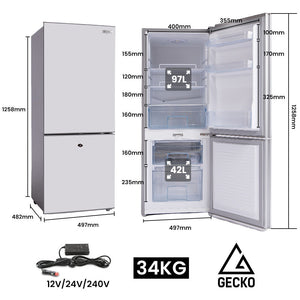 GECKO 139L Upright Portable Fridge/Freezer | 12V/24V/240V for Motorhome & Caravan | Silver