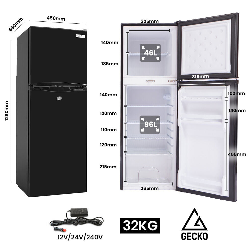 GECKO 142L Upright Portable Fridge/Freezer | 12V/24V/240V for Motorhome & Caravan | Black