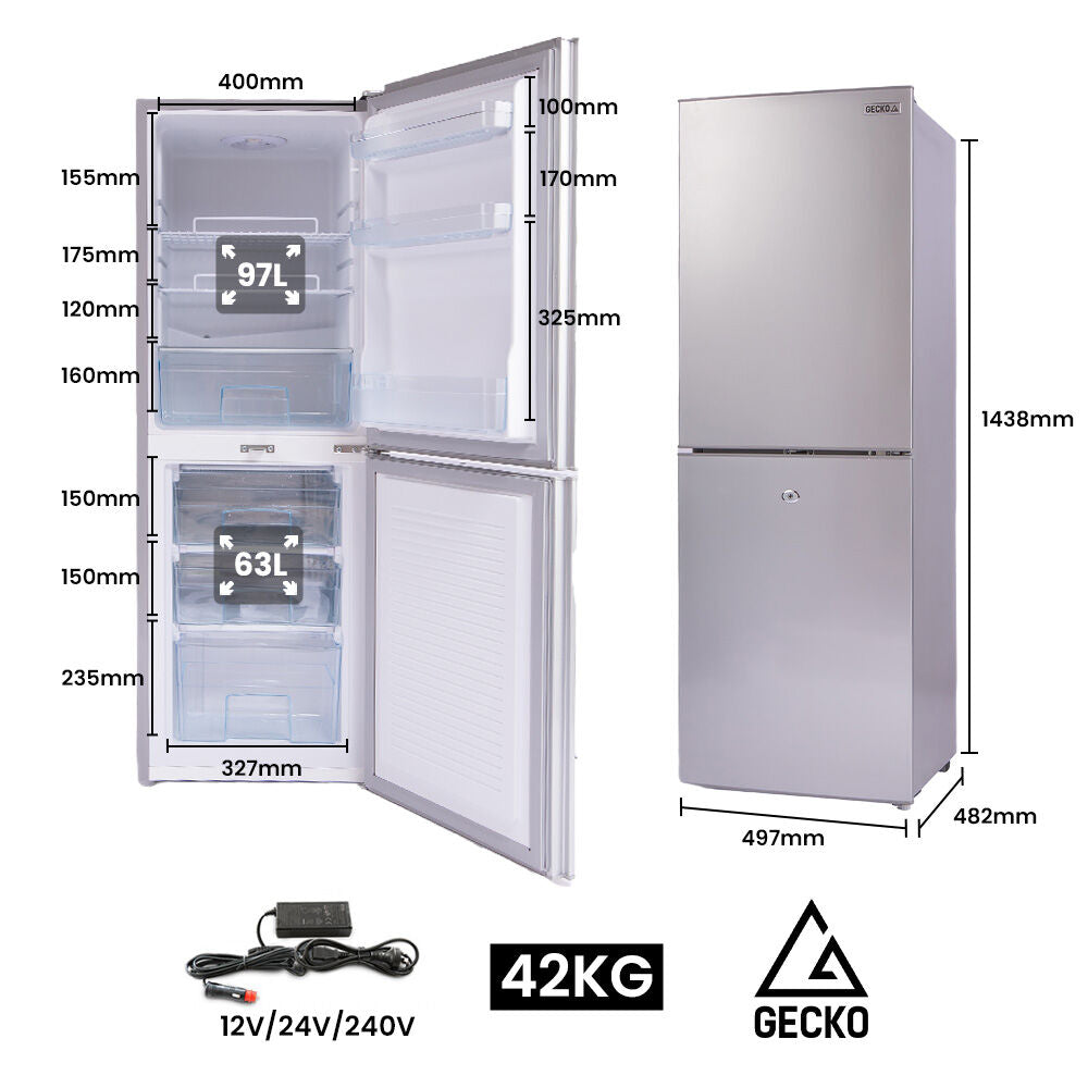 GECKO 160L Upright Portable Fridge/Freezer | 12V/24V/240V for Motorhome & Caravan | Silver