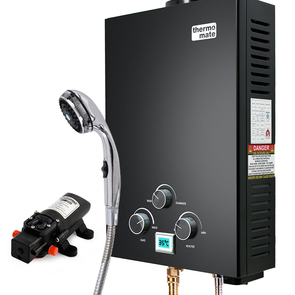 Thermomate Portable Gas Outdoor Camping Hot Water Heater System | 12V Pump | Shower Head | Black