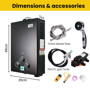 Thermomate Portable Gas Outdoor Camping Hot Water Heater System | 12V Pump | Shower Head | Black