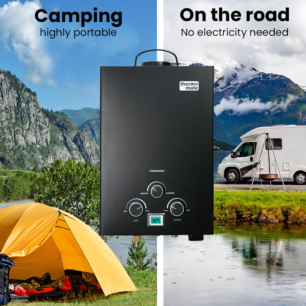 Thermomate Portable Gas Outdoor Camping Hot Water Heater System | 12V Pump | Shower Head | Black