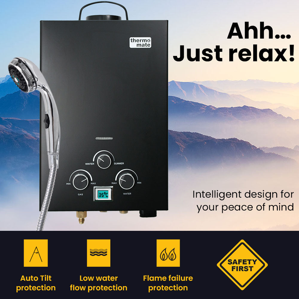 Thermomate Portable Gas Outdoor Camping Hot Water Heater System | 12V Pump | Shower Head | Black