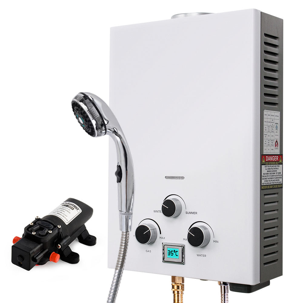 Thermomate Portable Gas Outdoor Camping Hot Water Heater System | 12V Pump | Shower Head | White
