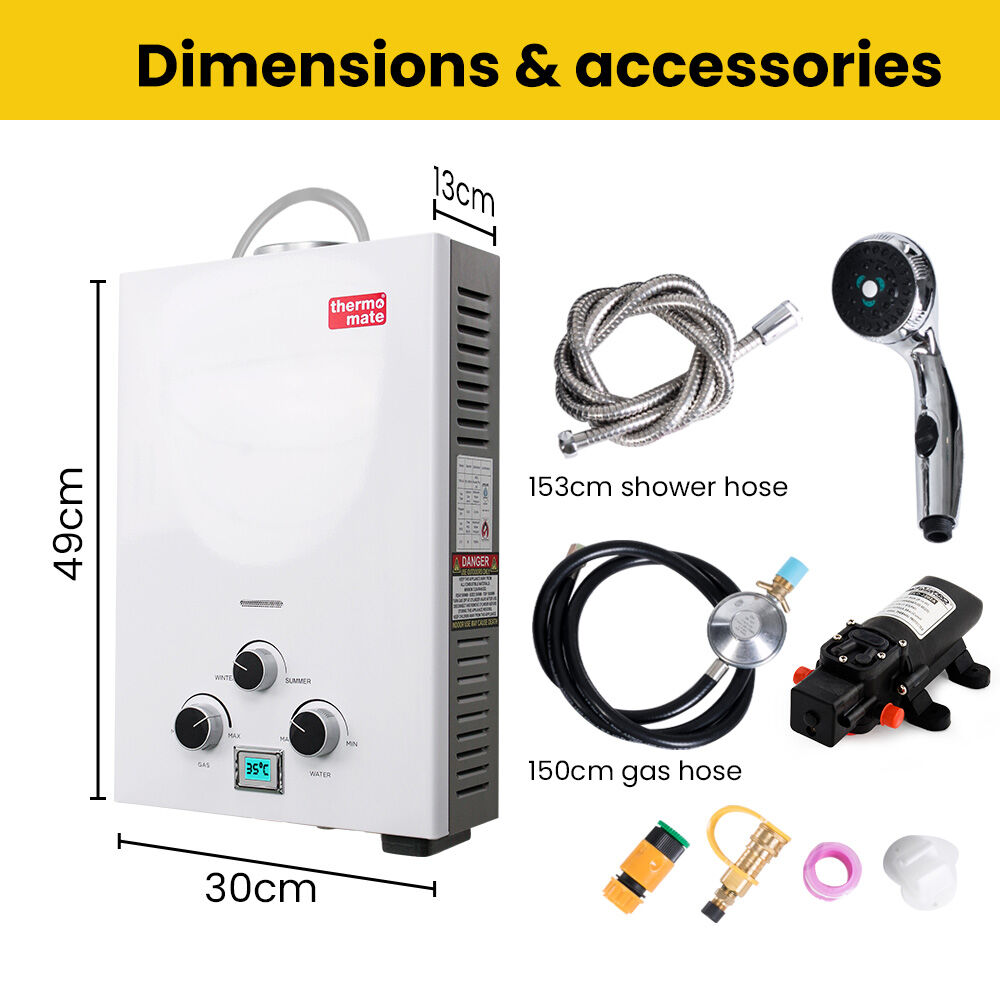 Thermomate Portable Gas Outdoor Camping Hot Water Heater System | 12V Pump | Shower Head | White