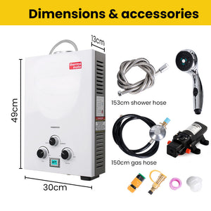Thermomate Portable Gas Outdoor Camping Hot Water Heater System | 12V Pump | Shower Head | White
