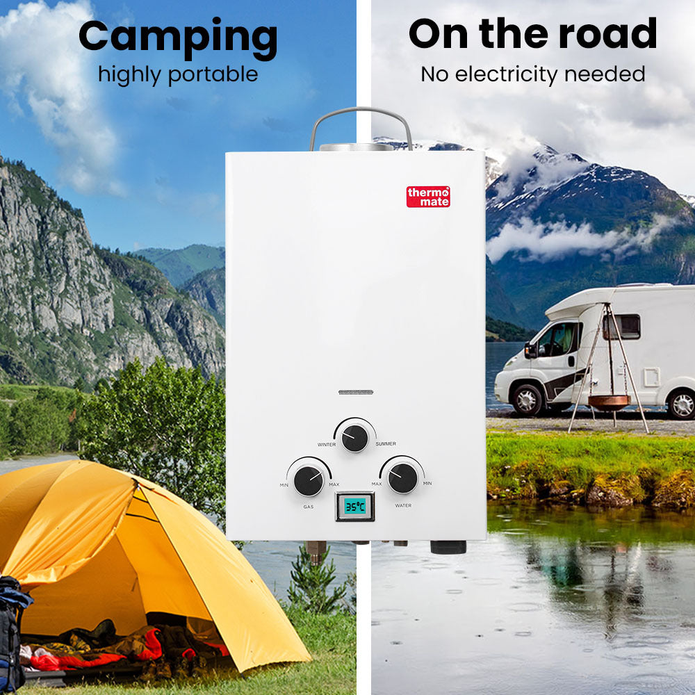 Thermomate Portable Gas Outdoor Camping Hot Water Heater System | 12V Pump | Shower Head | White