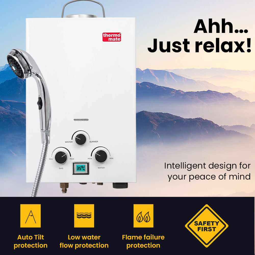 Thermomate Portable Gas Outdoor Camping Hot Water Heater System | 12V Pump | Shower Head | White