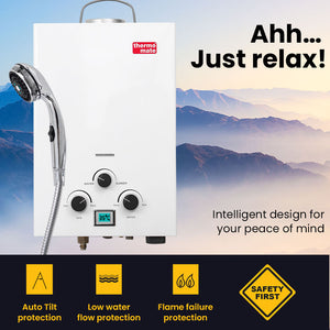 Thermomate Portable Gas Outdoor Camping Hot Water Heater System | 12V Pump | Shower Head | White
