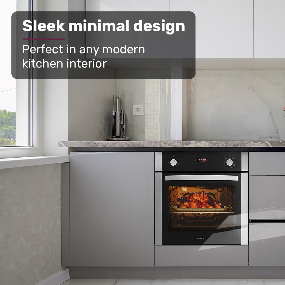 EuroChef 60cm Stainless Built-in 70L Grill 8 Function Fan Forced Electric Wall Oven