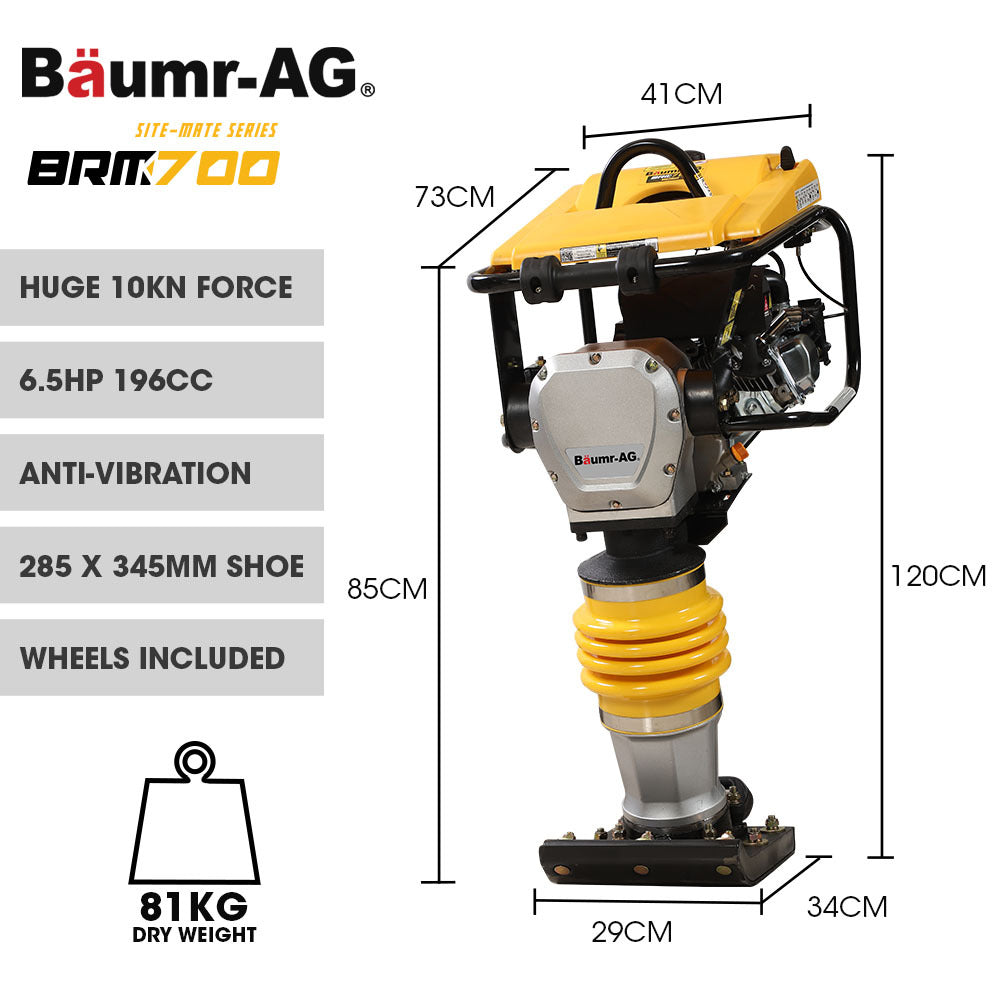 Baumr-AG 77KG Tamping Rammer | 10kN 6.5HP | Transport Wheel Kit | Compactor for Soil, Sand, Gravel & Asphalt | BRM-700