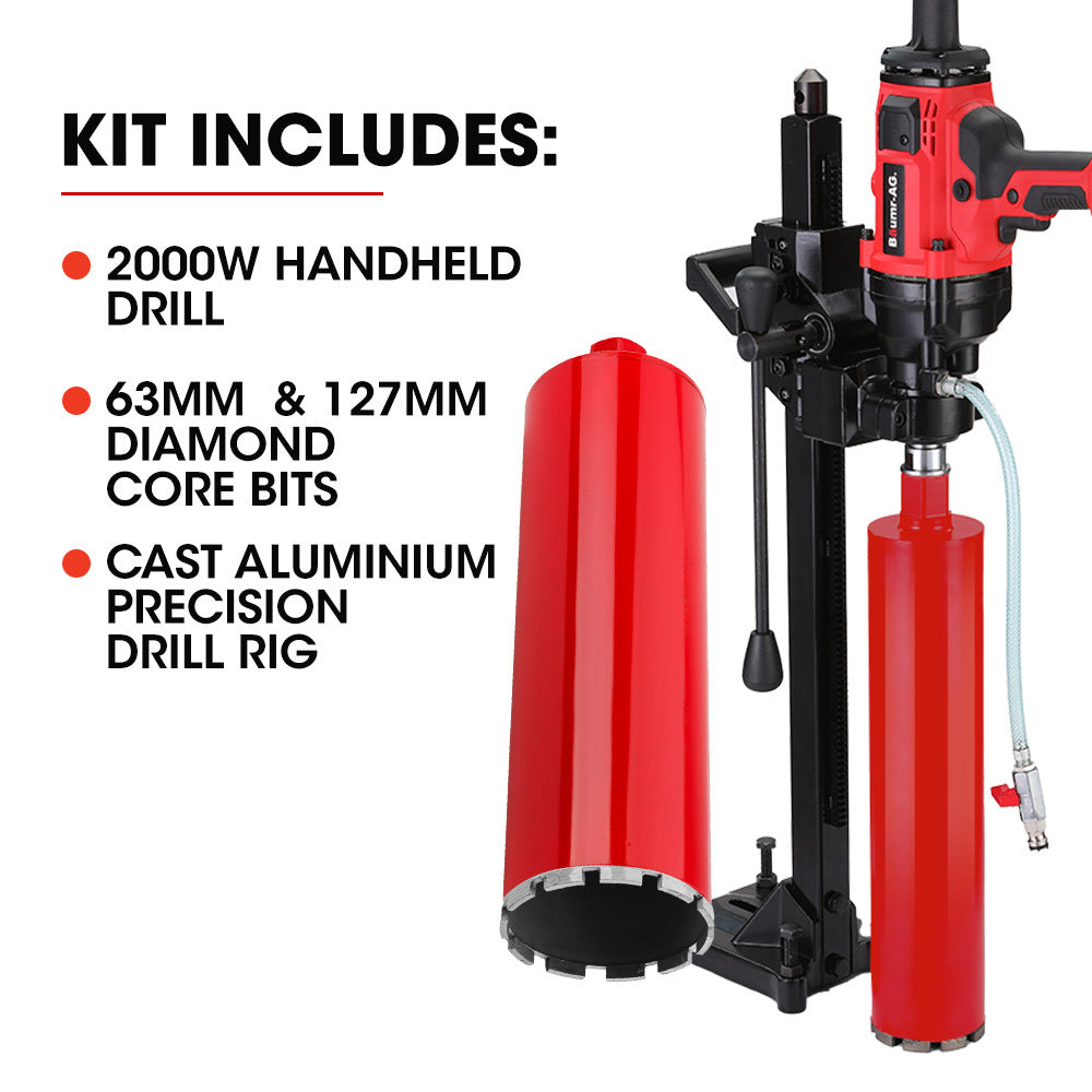 BAUMR-AG 2000W Handheld Core Drill w/ Stand | 160mm Coring Capacity | 63mm & 127mm Drill Bit Combo