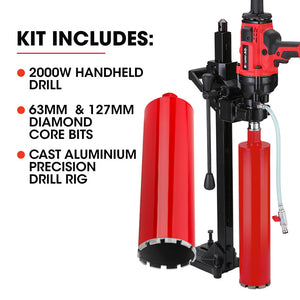 BAUMR-AG 2000W Handheld Core Drill w/ Stand | 160mm Coring Capacity | 63mm & 127mm Drill Bit Combo