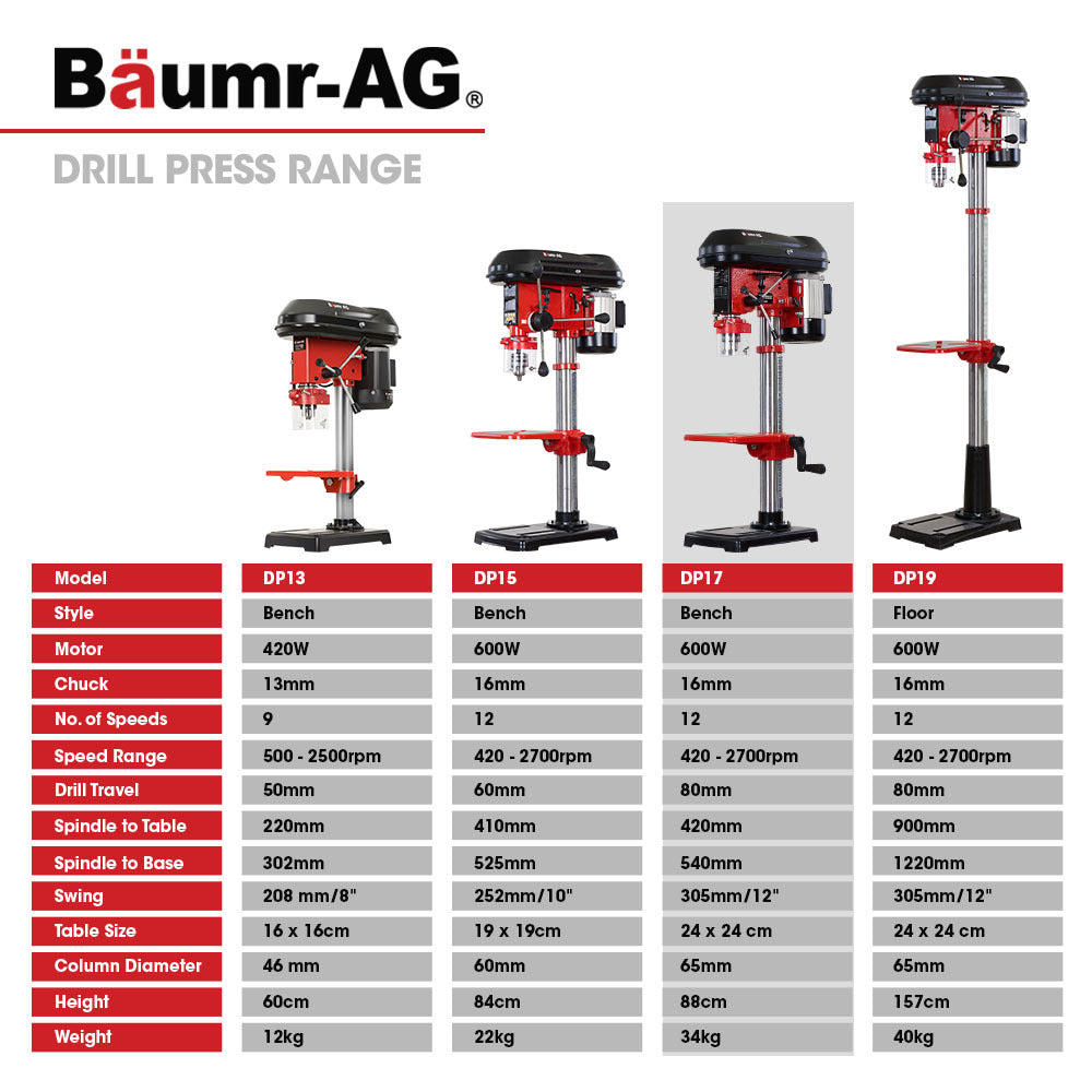 Baumr-AG Bench Drill Press | 600W Pedestal | 12 Speeds | 12" | 16mm Chuck | Model DP17