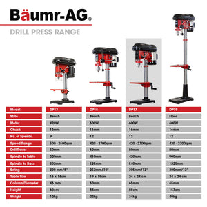 Baumr-AG Bench Drill Press | 600W Pedestal | 12 Speeds | 12" | 16mm Chuck | Model DP17