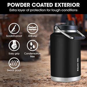 BAUMR-AG 3.8L Double Wall Insulated Stainless Steel Water Bottle | Drink Jug with Handle, Black