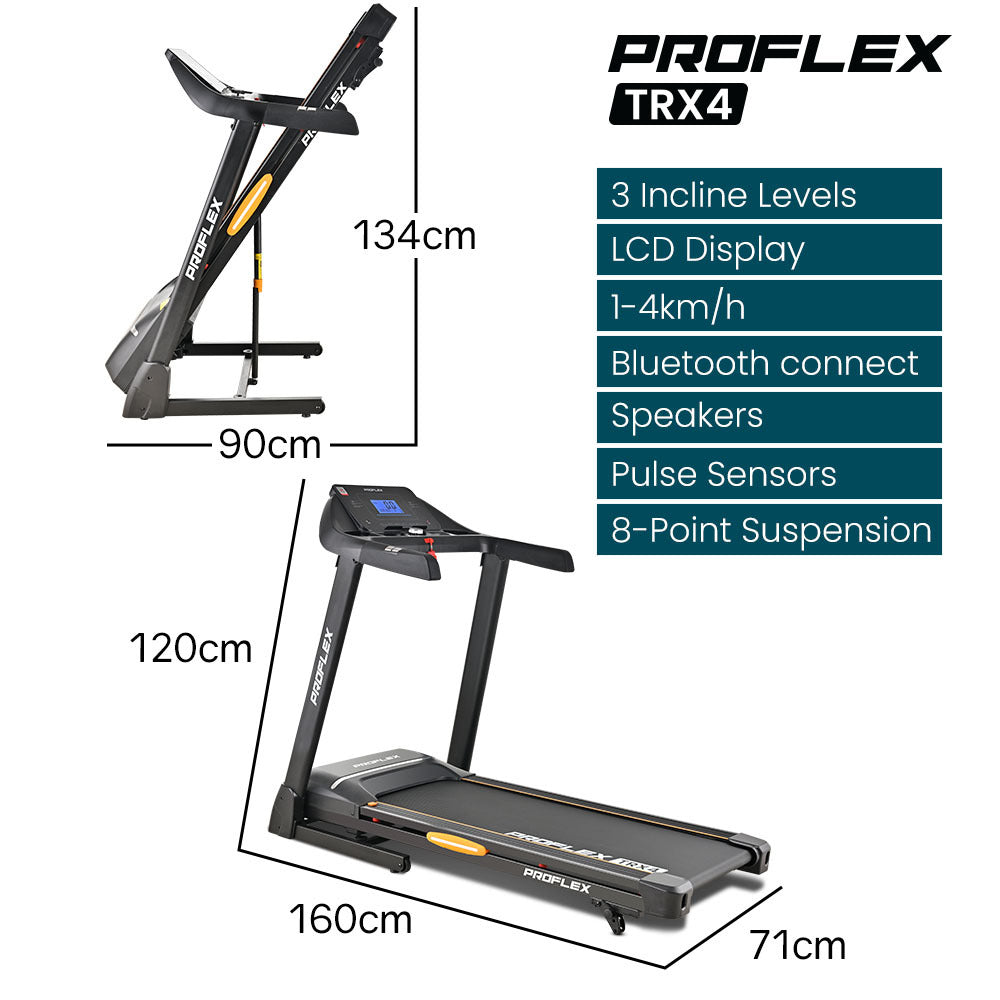 PROFLEX TRX4 Electric Treadmill | Foldable, Medium Size, Suspension, Bluetooth, USB/MP3, Pulse Sensors, Fitness Tracker
