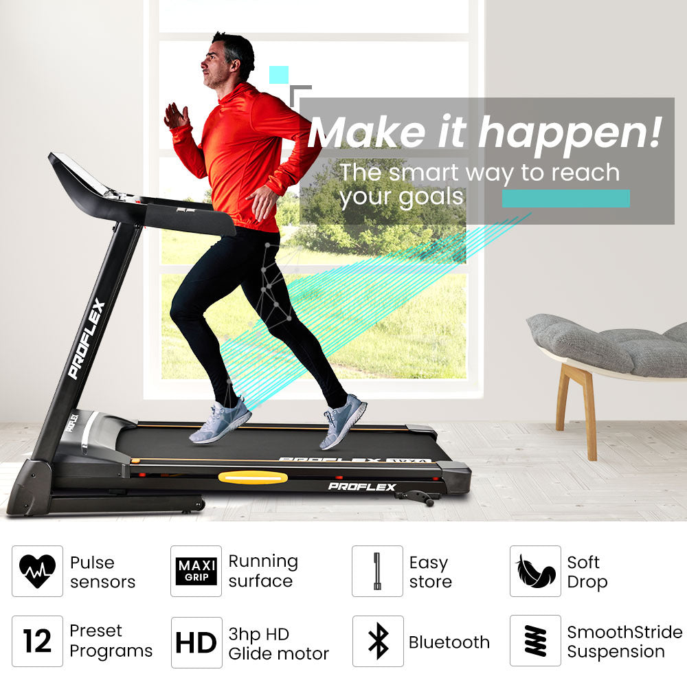PROFLEX TRX4 Electric Treadmill | Foldable, Medium Size, Suspension, Bluetooth, USB/MP3, Pulse Sensors, Fitness Tracker