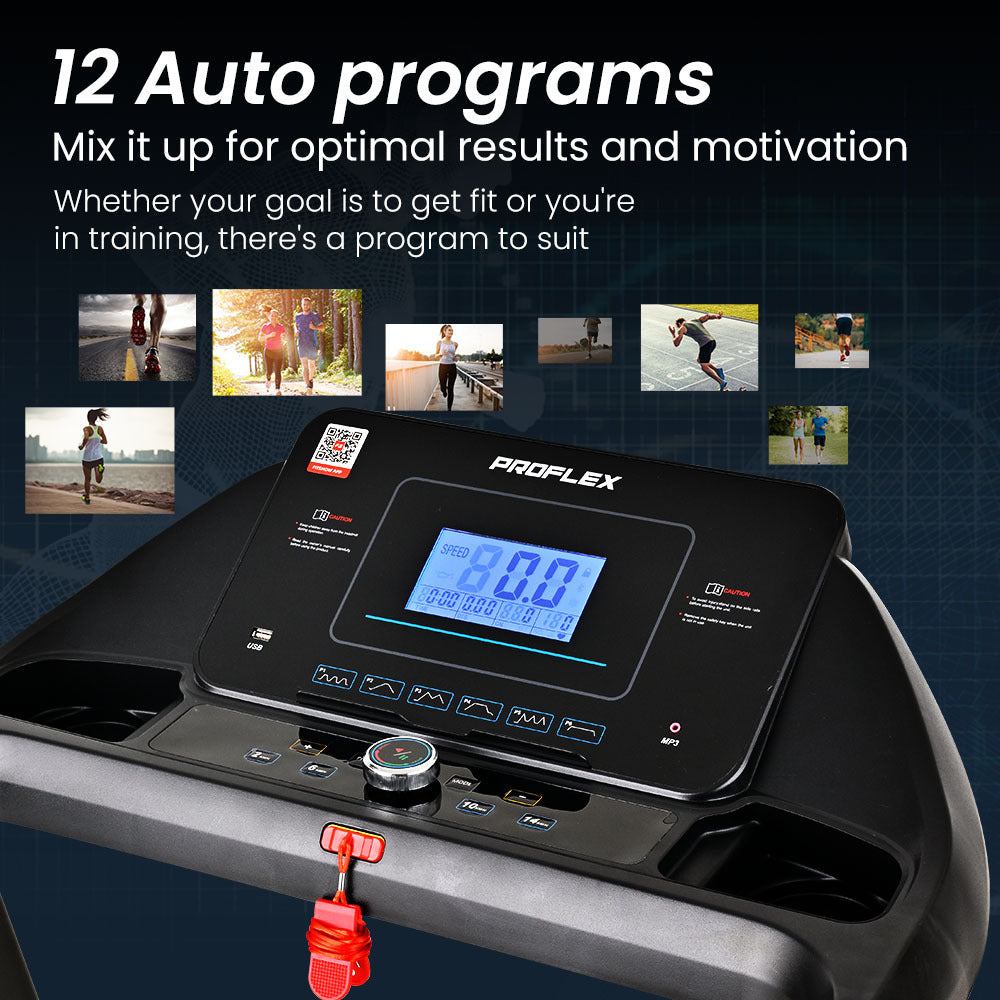 PROFLEX TRX4 Electric Treadmill | Foldable, Medium Size, Suspension, Bluetooth, USB/MP3, Pulse Sensors, Fitness Tracker