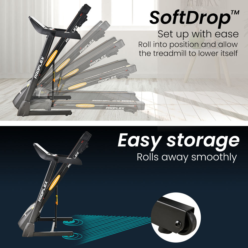 PROFLEX TRX4 Electric Treadmill | Foldable, Medium Size, Suspension, Bluetooth, USB/MP3, Pulse Sensors, Fitness Tracker