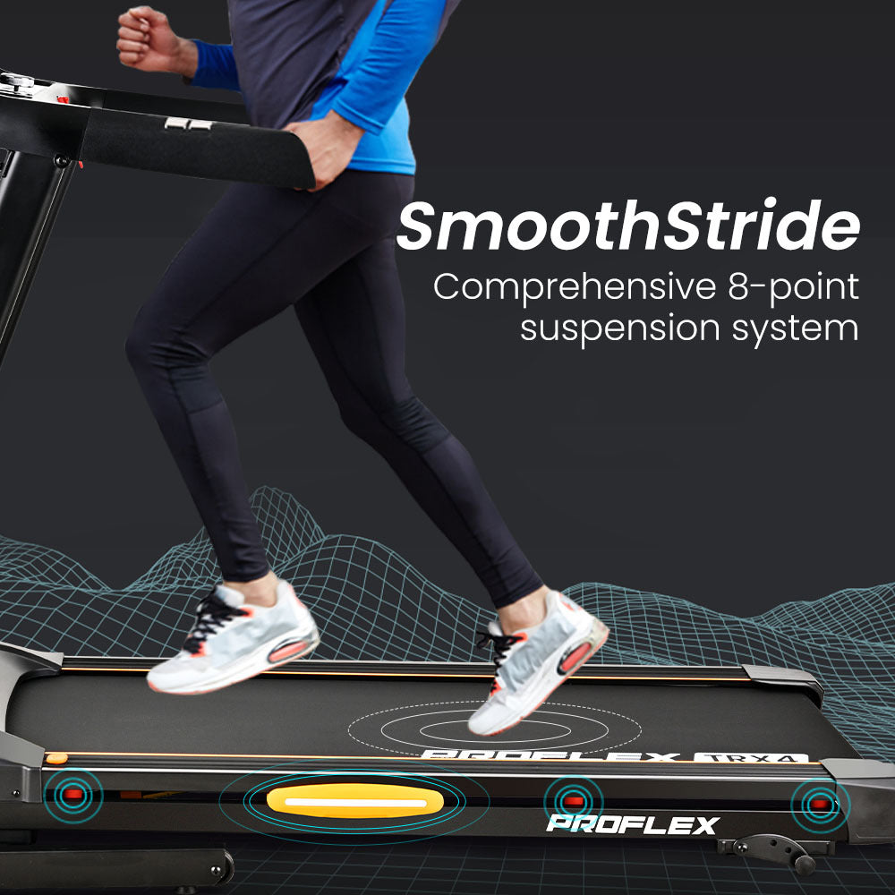 PROFLEX TRX4 Electric Treadmill | Foldable, Medium Size, Suspension, Bluetooth, USB/MP3, Pulse Sensors, Fitness Tracker