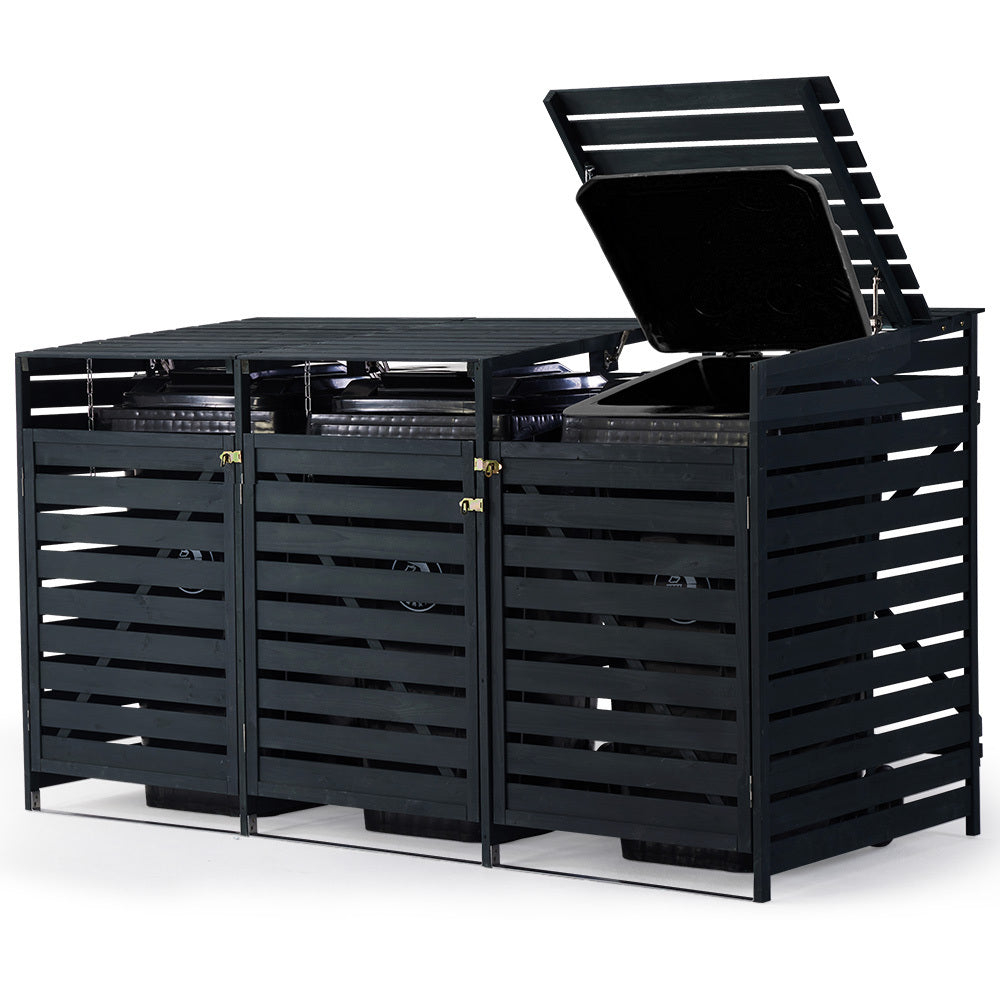 PlantCraft Triple Wood Wheelie Bins Storage Shed | 3-Door Garbage Bin Enclosure