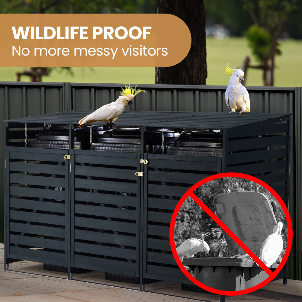 PlantCraft Triple Wood Wheelie Bins Storage Shed | 3-Door Garbage Bin Enclosure
