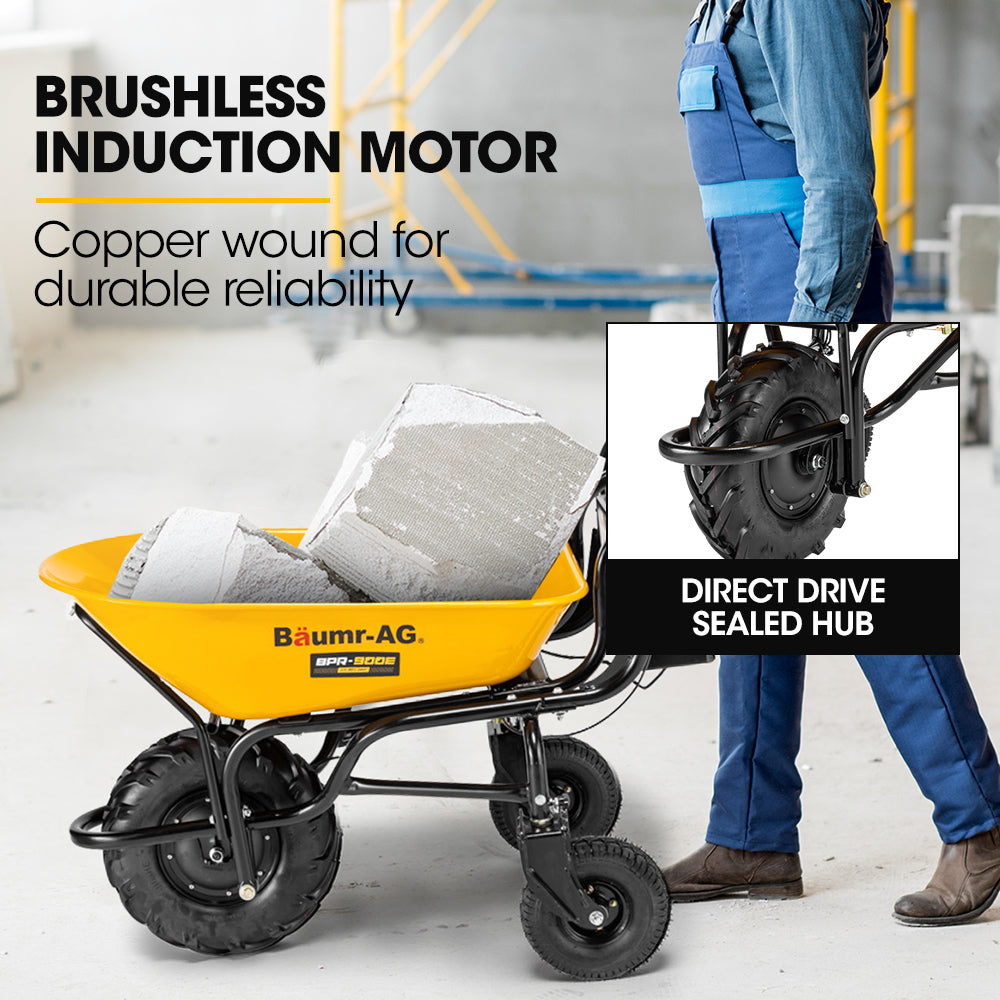 Baumr-AG | 40V Battery Powered Motorised Wheelbarrow | 100L Bucket Volume | 3-Wheel | 260KG Capacity | Lifting Bucket