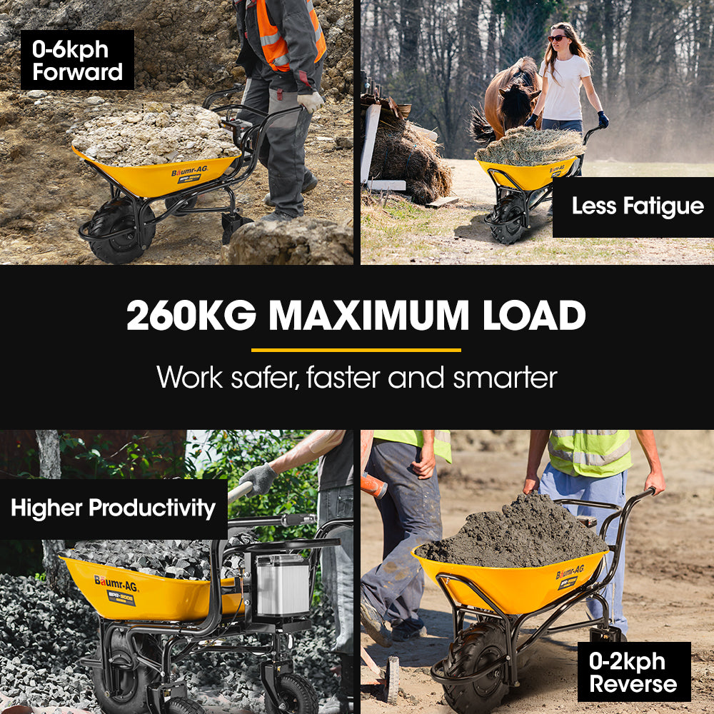 Baumr-AG | 40V Battery Powered Motorised Wheelbarrow | 100L Bucket Volume | 3-Wheel | 260KG Capacity | Lifting Bucket