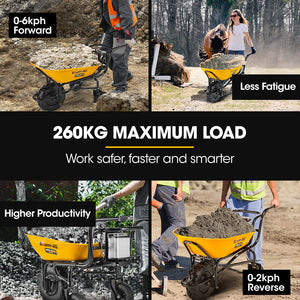 Baumr-AG | 40V Battery Powered Motorised Wheelbarrow | 100L Bucket Volume | 3-Wheel | 260KG Capacity | Lifting Bucket