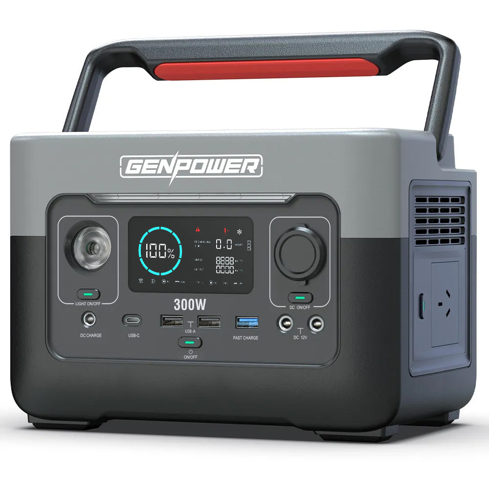 GENPOWER 300W Portable Lithium Power Station | 288Wh LiFePo4 | Multiple Voltage Output | 15W Wireless Charger | Camping & Backup Power