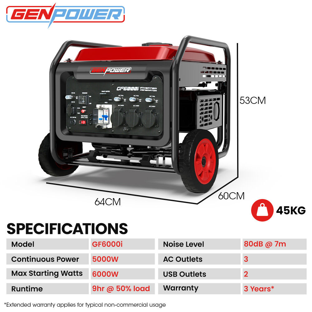 GENPOWER 6kW Peak 5kW Open Frame Inverter Generator | 3x15A | 15L Tank | Wheels