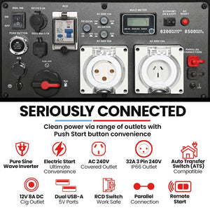 GENPOWER 8.5kW Peak 8.2kW Inverter Generator, Push Button & Remote Start, ATS Compatible, RCD, Portable w/ Wheels, 27L Fuel Tank, Grid Power Home Backup