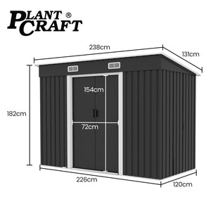 Garden Shed | PlantCraft | Galvanised Steel | 2.38 x 1.31 x 1.82m | Sliding Doors + Floor Frame
