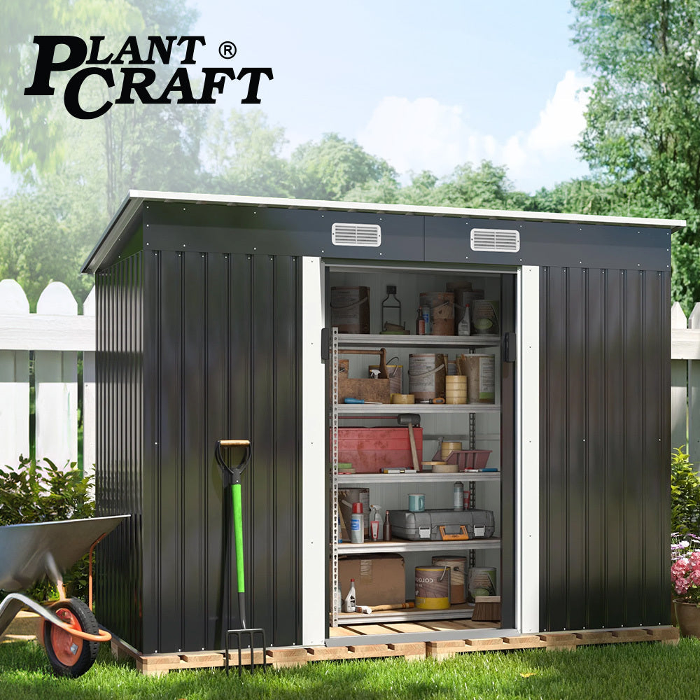 Garden Shed | PlantCraft | Galvanised Steel | 2.38 x 1.31 x 1.82m | Sliding Doors + Floor Frame