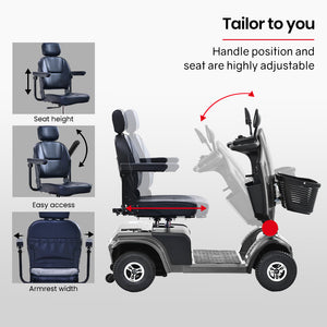EQUIPMED Mobility Scooter | S-XXL Comfortable Size for Riders, 30km Max Range, 180kg Capacity, Grey