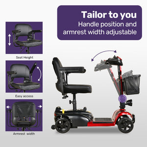 EQUIPMED FreeLite+ | Mid-Sized Foldable Electric Mobility Scooter | Lithium Battery | Long Range | Easy Charging | Red