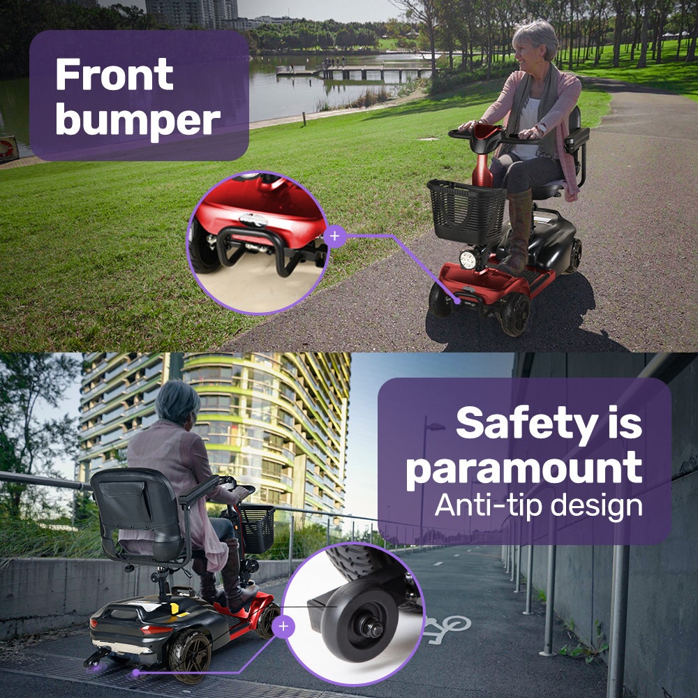 EQUIPMED FreeLite+ | Mid-Sized Foldable Electric Mobility Scooter | Lithium Battery | Long Range | Easy Charging | Red