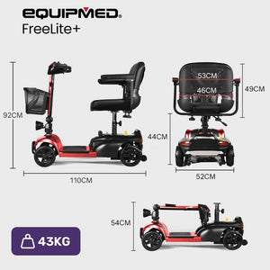 EQUIPMED FreeLite+ | Mid-Sized Foldable Electric Mobility Scooter | Lithium Battery | Long Range | Easy Charging | Red