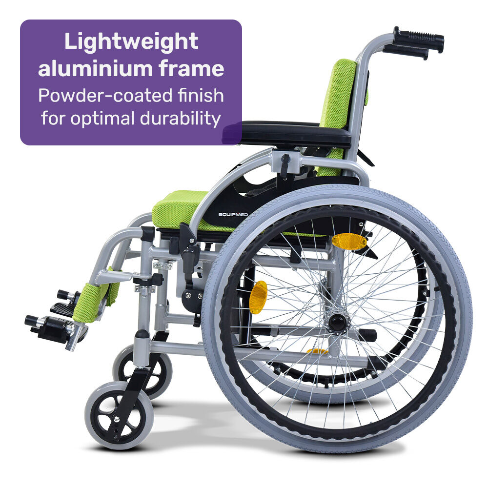 EQUIPMED Kids Premium Paediatric Wheelchair | Lightweight Aluminium, 22" Wheels, 75kg Rated, Green