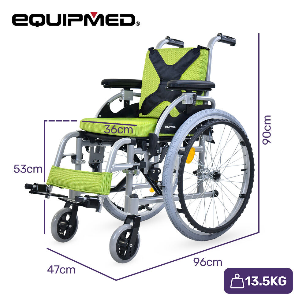 EQUIPMED Kids Premium Paediatric Wheelchair | Lightweight Aluminium, 22" Wheels, 75kg Rated, Green