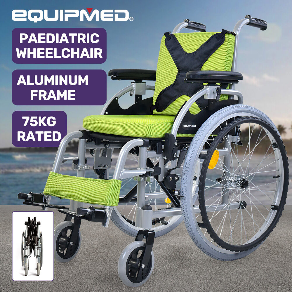 EQUIPMED Kids Premium Paediatric Wheelchair | Lightweight Aluminium, 22" Wheels, 75kg Rated, Green