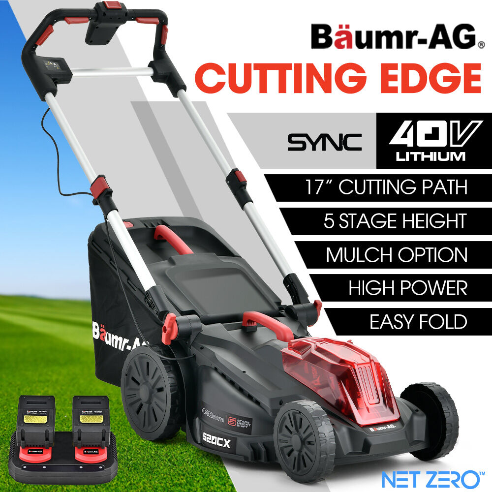 Baumr-AG 520CX 40V SYNC 17" Cordless Lawn Mower Kit | Fast Charger | 2 x 4Ah Batteries | 5 Cutting Heights | Adjustable Handle | Mulching Option