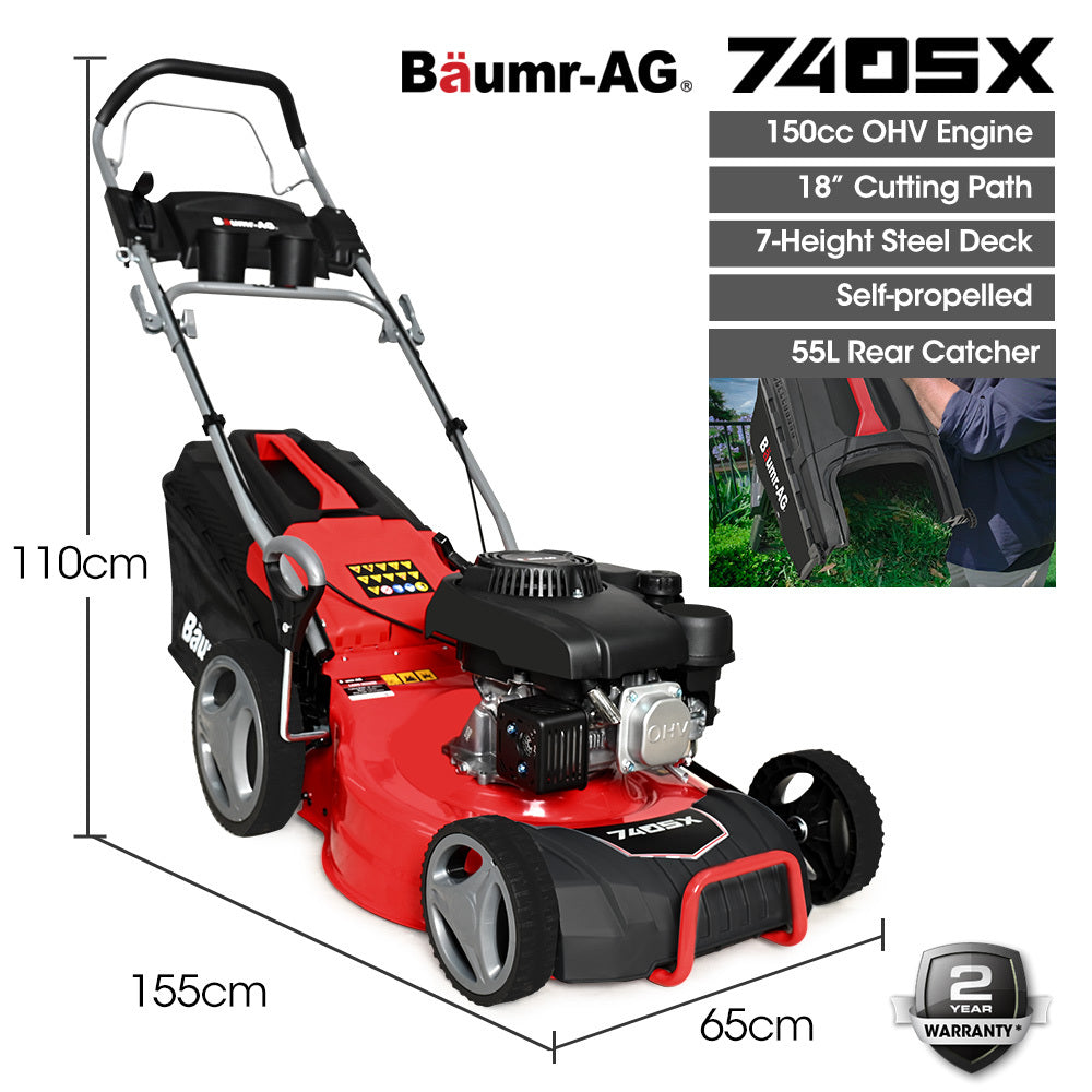 Baumr-AG 18" 150cc Self-Propelled Lawn Mower | 7 Height Settings | Steel Deck | Cup Holders | 4-Stroke Petrol Lawnmower | 740SX
