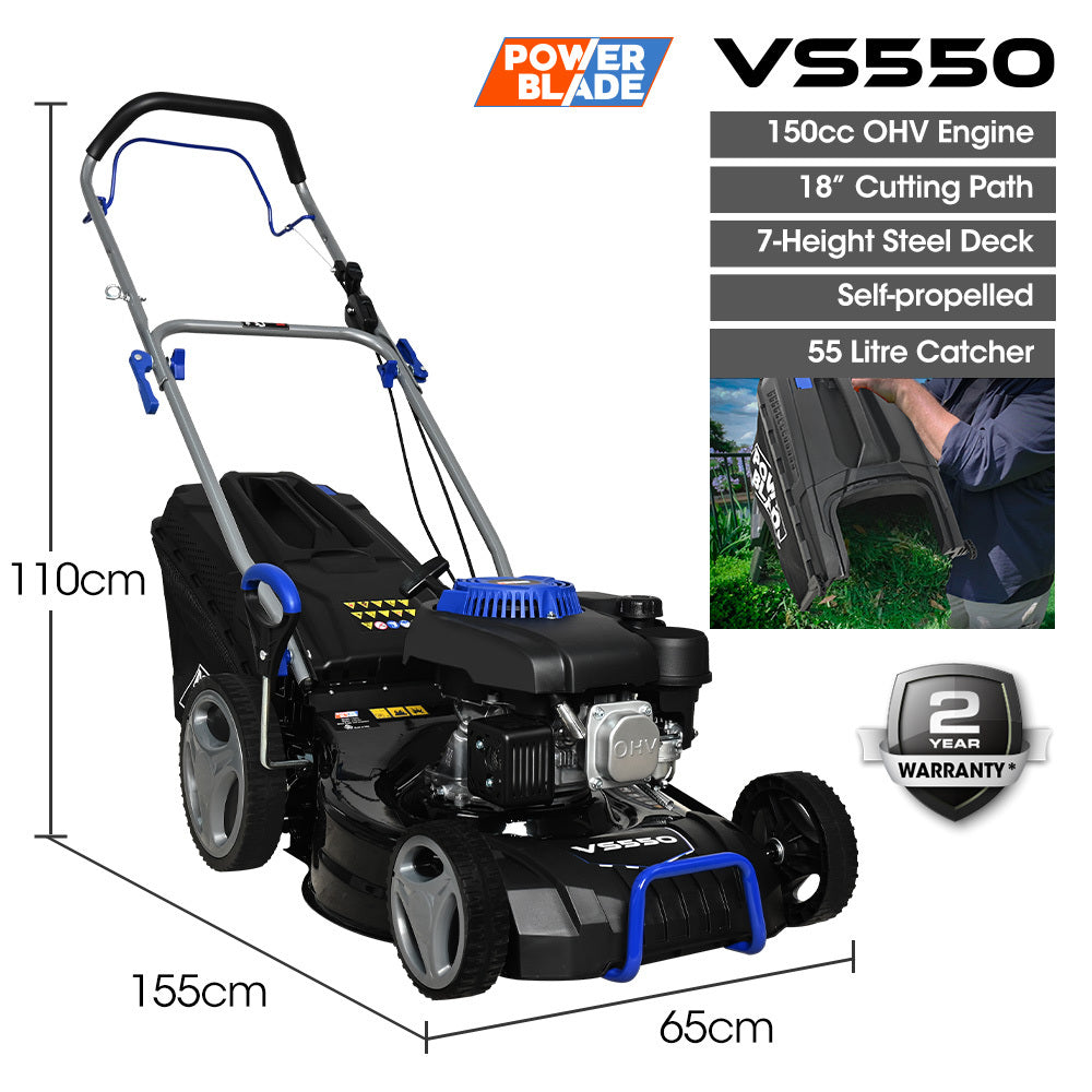 POWERBLADE VS550 18" Self-Propelled Lawn Mower | 150cc | 7-Stage Height | Steel Deck | 4-Stroke Petrol